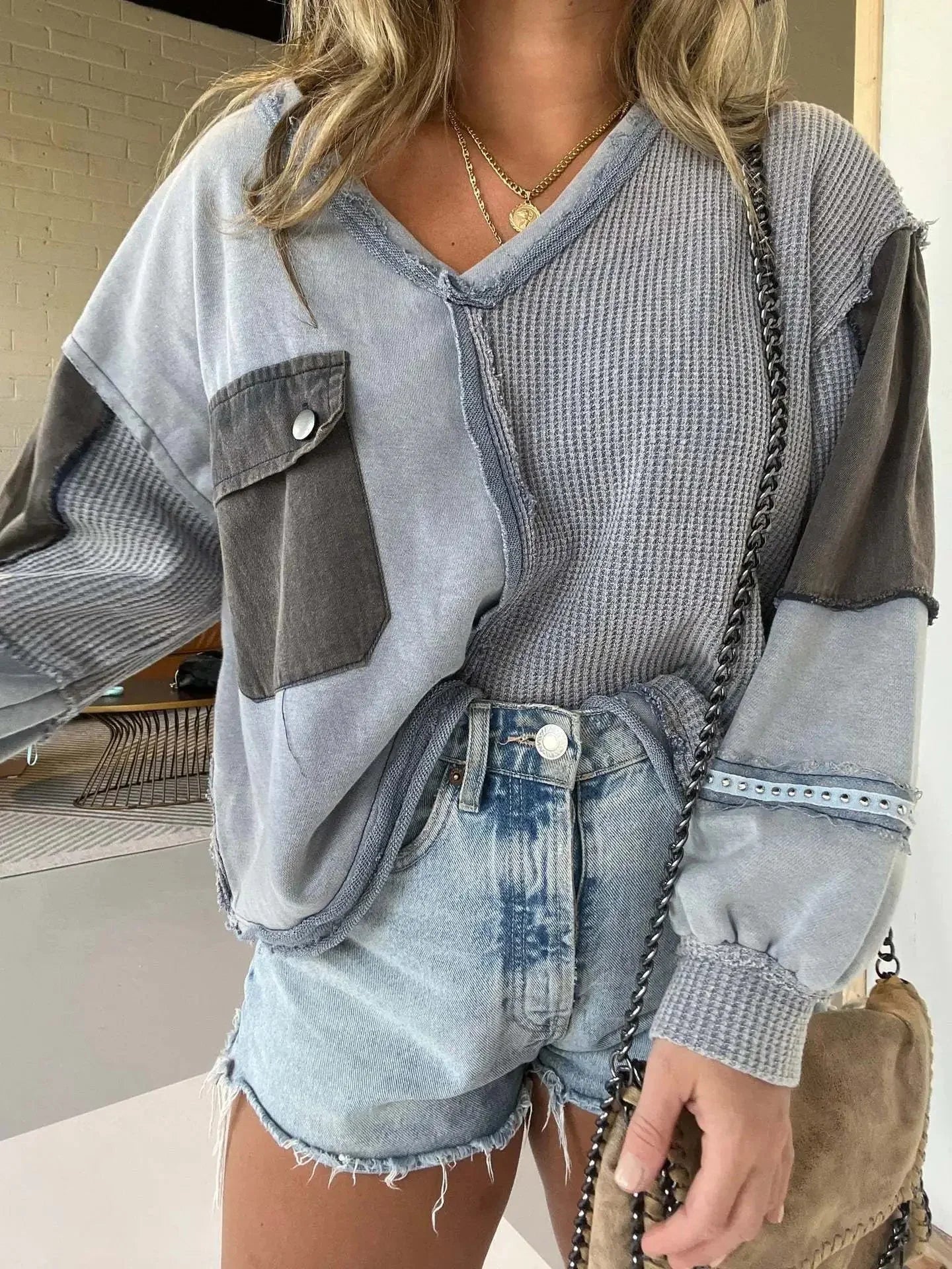 Casual Color Matching Sweater for Women in Denim Style ZENDROP