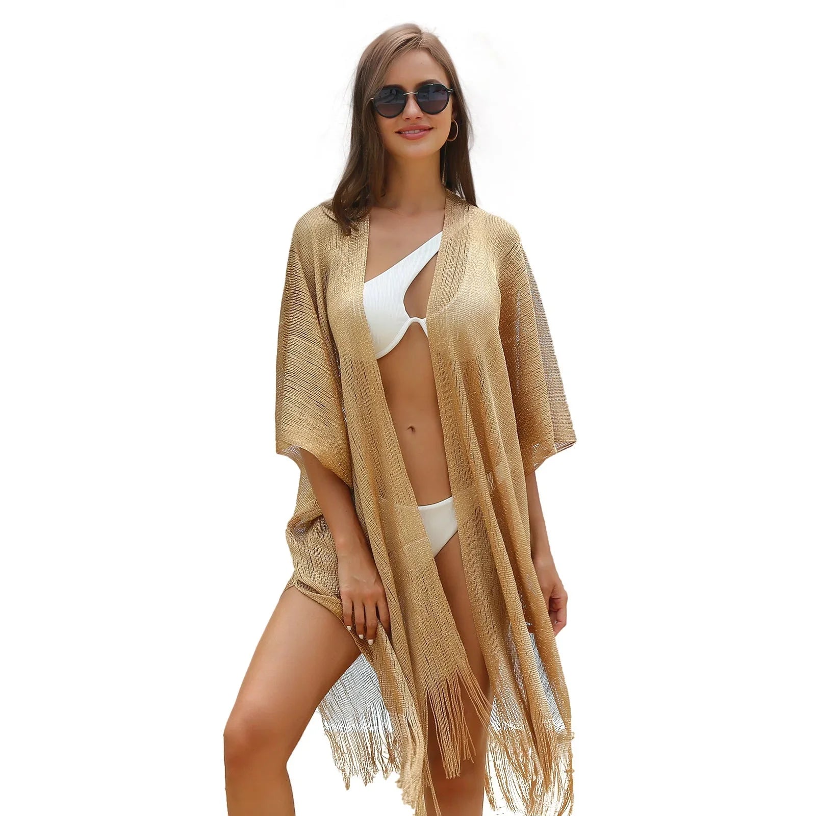 Gold And Silver Silk Split Vacation Beach Blouse Bikini CJDROPSHIPPING