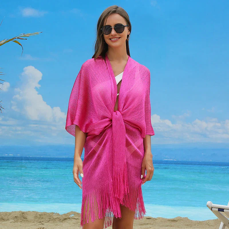 Gold And Silver Silk Split Vacation Beach Blouse Bikini CJDROPSHIPPING