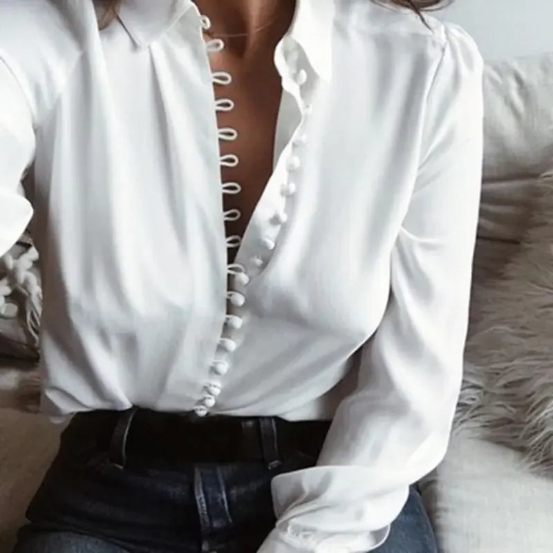 Fashion Casual Solid Colour ladies office Tops Fashion Buttons Long sleeve Blouse Chiffon