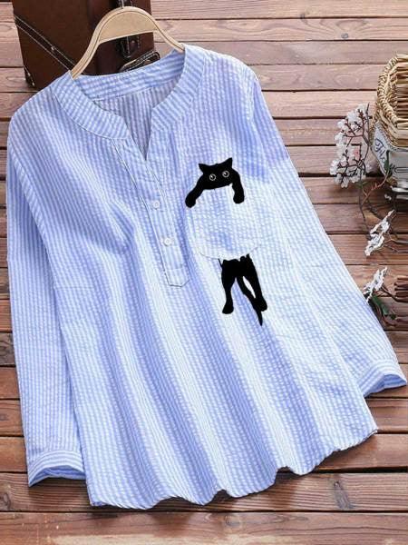 Women's Striped Cotton And Linen Pocket Printed Casual V-neck Long Sleeve Shirt CJDROPSHIPPING
