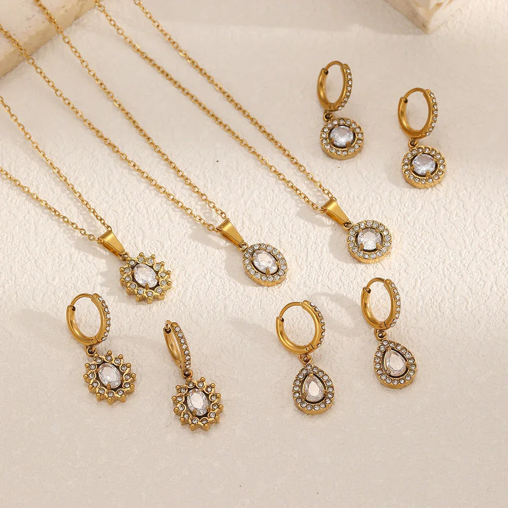 Red Style Light Luxury Rhinestone Zircon Stainless Steel Necklace Women's High-grade Earrings CJDROPSHIPPING