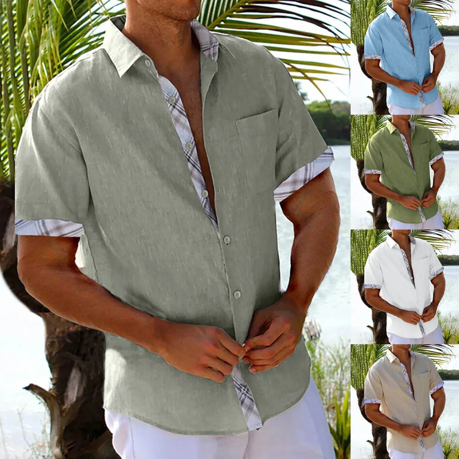 Vacation Short Sleeve Shirts With Plaid Side Summer Hawaii Beach Top Mens Clothing CJDROPSHIPPING