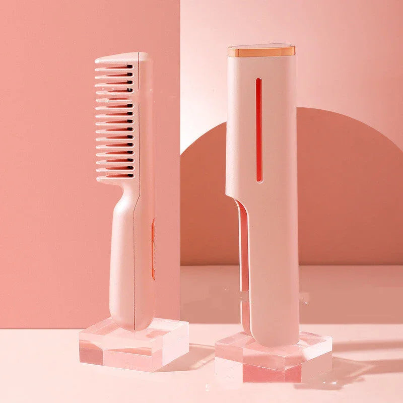 2 In 1 Wireless Straight Hair Comb Portable USB Charging Negative -Ion Smoothing Straightener Curling Comb Hair Brush CJDROPSHIPPING