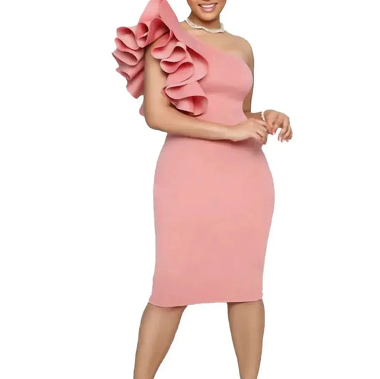 Pink one-shoulder bodycon dress with ruffled sleeve
