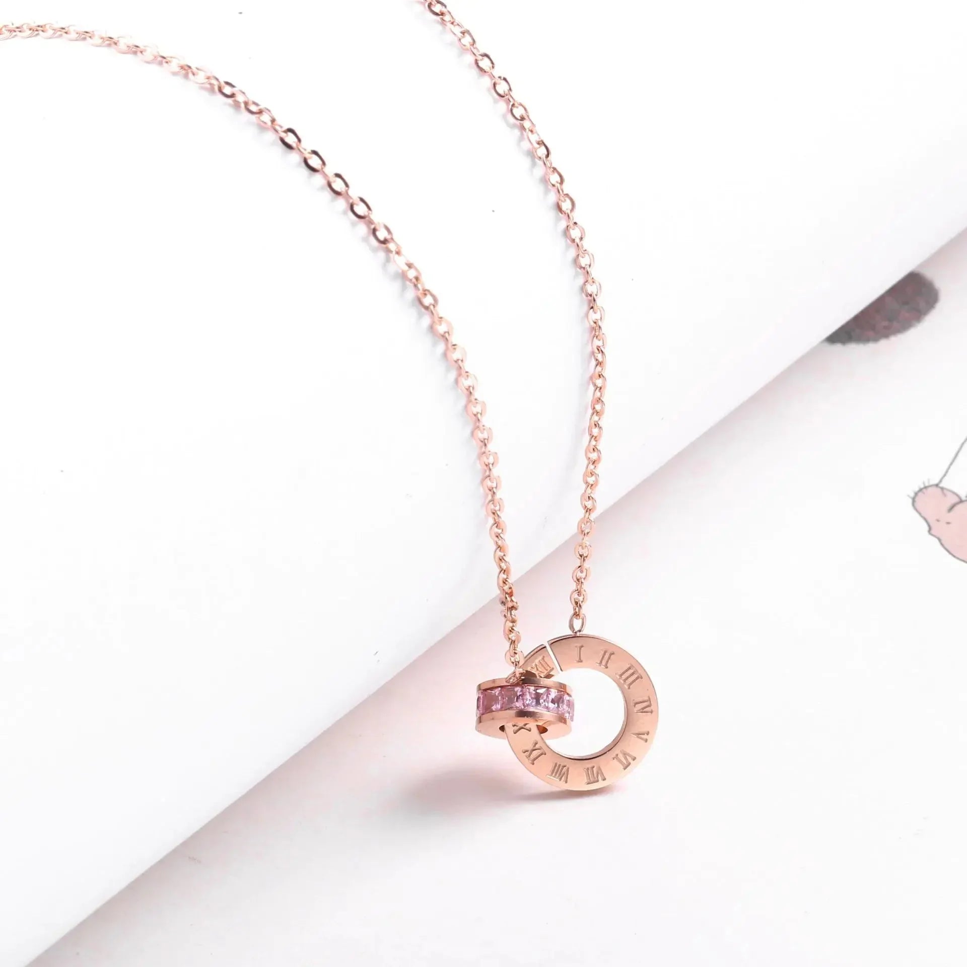 18K Rose Gold Titanium Steel Diamond Ring Necklace ZENDROP