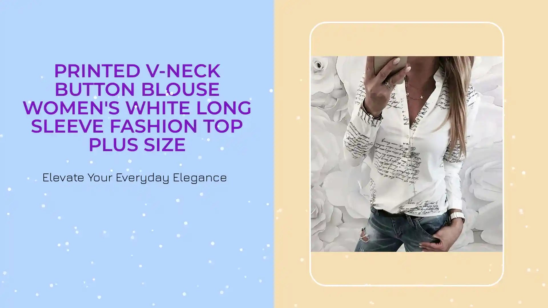 Printed V-neck Button Blouse Women's White Long Sleeve Fashion Top Plus Size by@Outfy