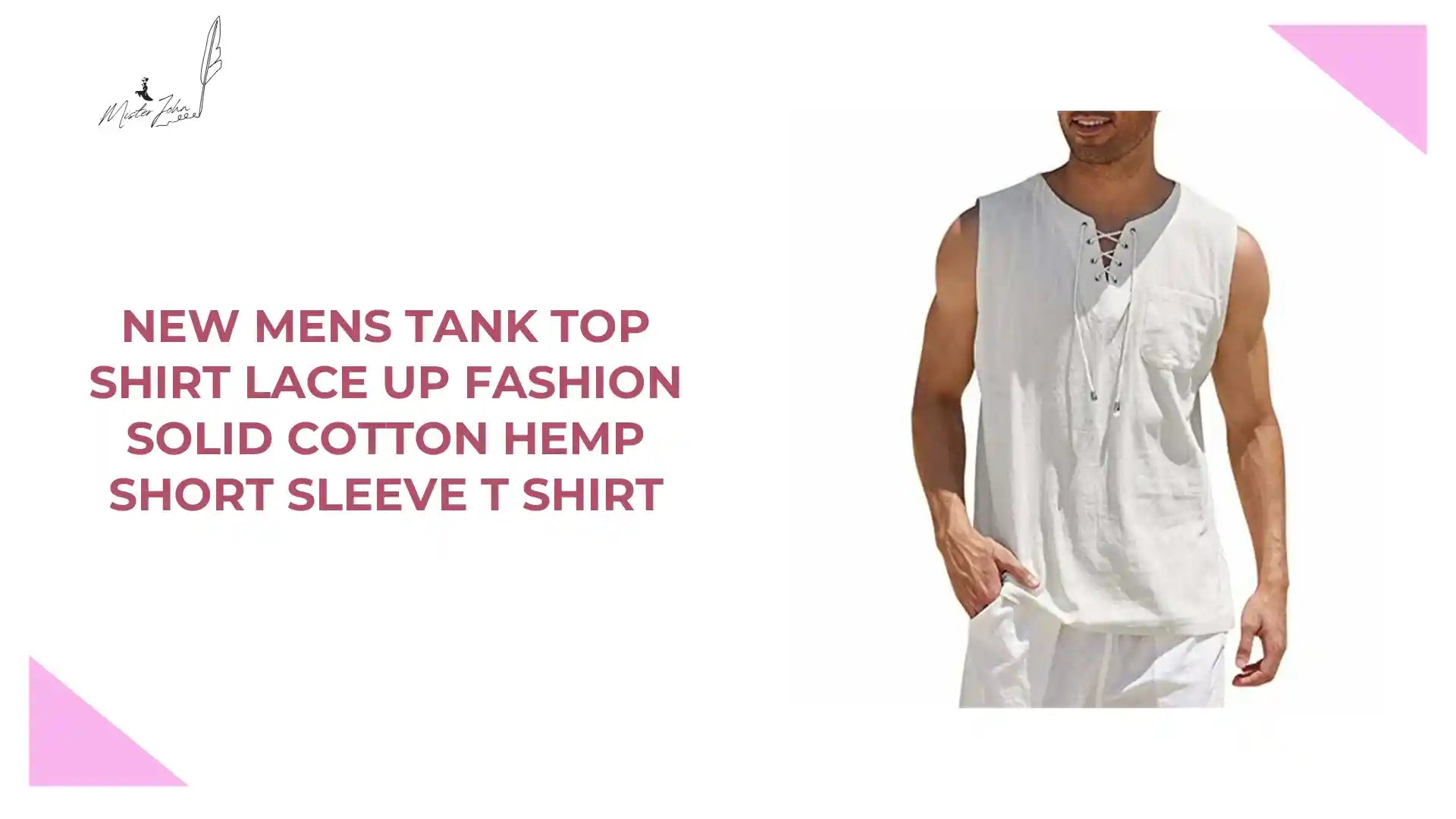 New Mens Tank Top Shirt Lace Up Fashion Solid Cotton Hemp Short Sleeve T shirt by@Outfy