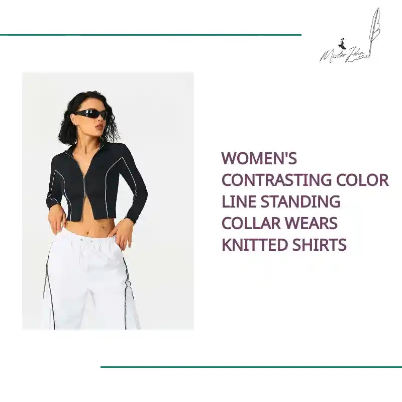 Women's Contrasting Color Line Standing Collar Wears Knitted Shirts by@Outfy