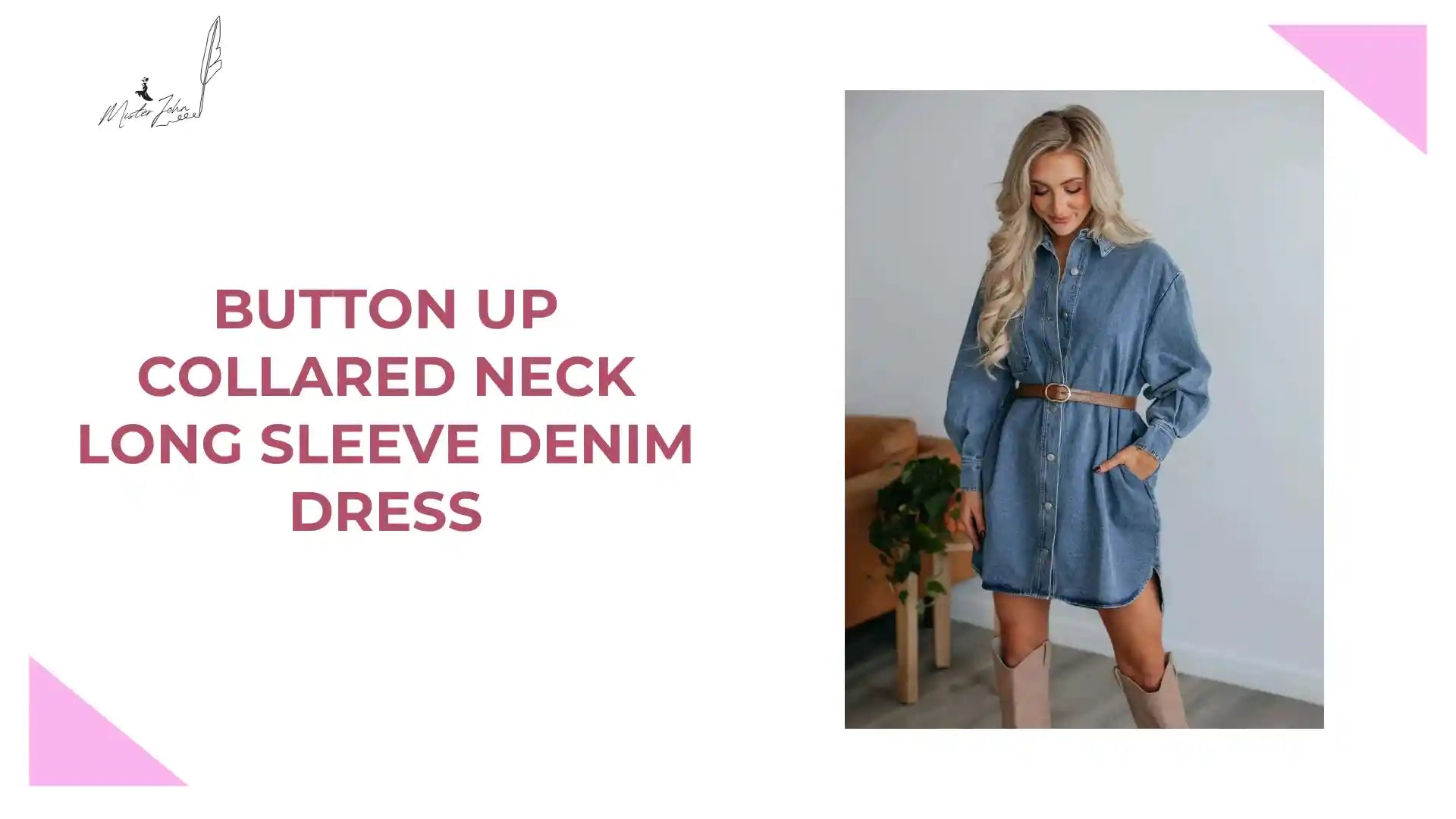 Button Up Collared Neck Long Sleeve Denim Dress by@Outfy