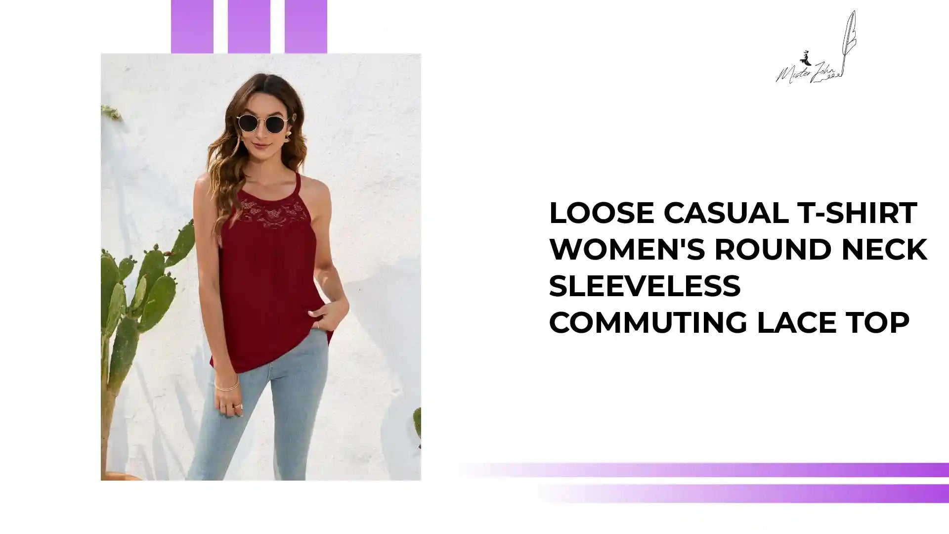 Loose casual T-shirt women's round neck sleeveless commuting lace top by@Outfy