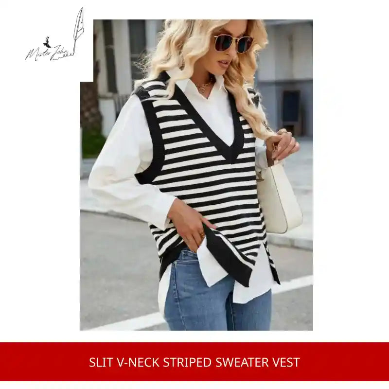 Slit V-Neck Striped Sweater Vest by@Outfy