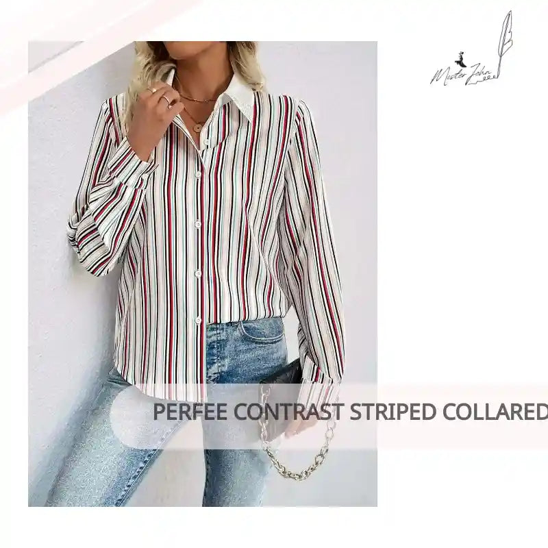Perfee Contrast Striped Collared Neck Long Sleeve Shirt by@Outfy