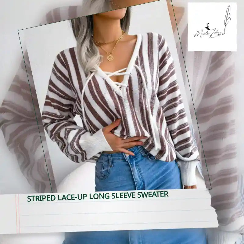 Striped Lace-Up Long Sleeve Sweater by@Outfy