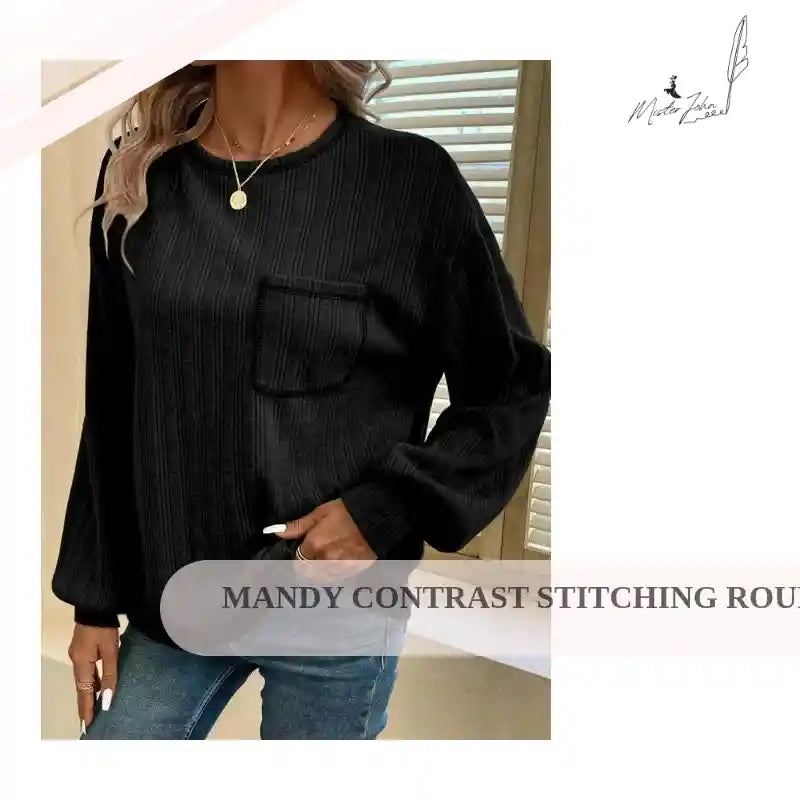 Mandy Contrast Stitching Round Neck Long Sleeve T-Shirt by@Outfy