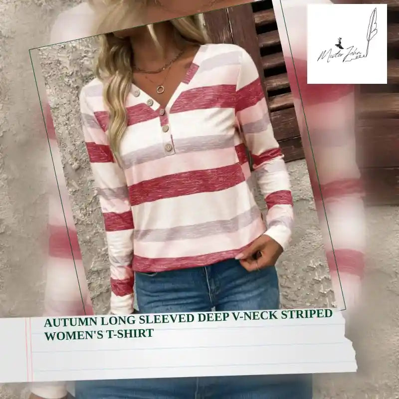 Autumn long sleeved deep V-neck striped women's T-shirt by@Outfy