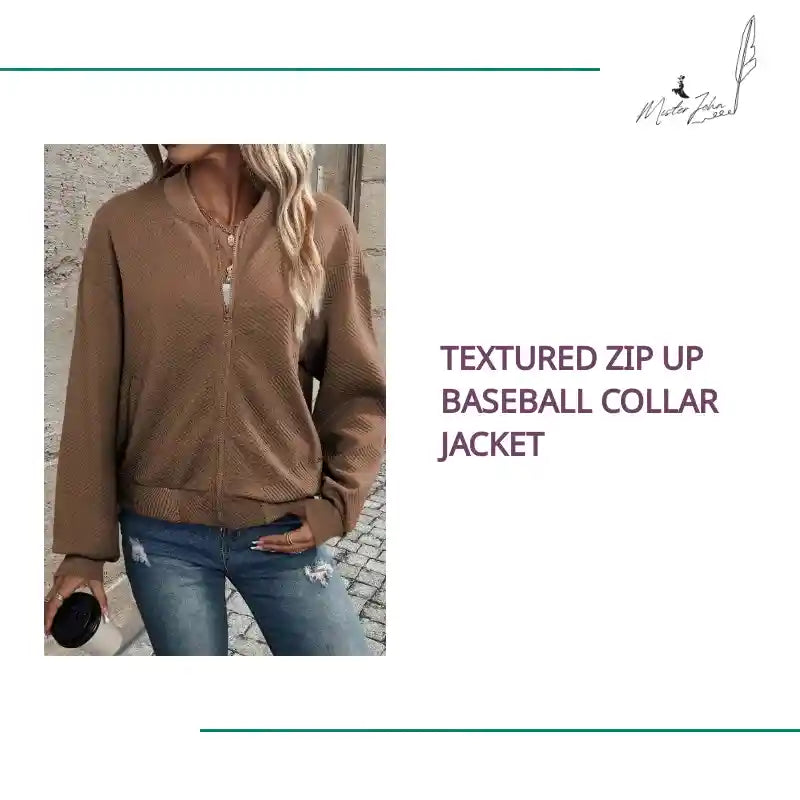 Textured Zip Up Baseball Collar Jacket by@Outfy