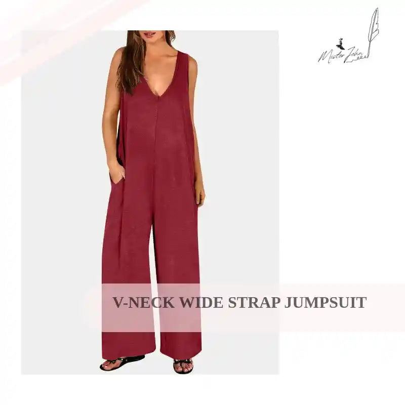V-Neck Wide Strap Jumpsuit by@Outfy