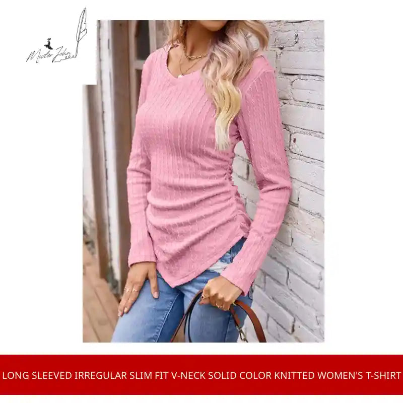 Long sleeved irregular slim fit V-neck solid color knitted women's T-shirt by@Outfy
