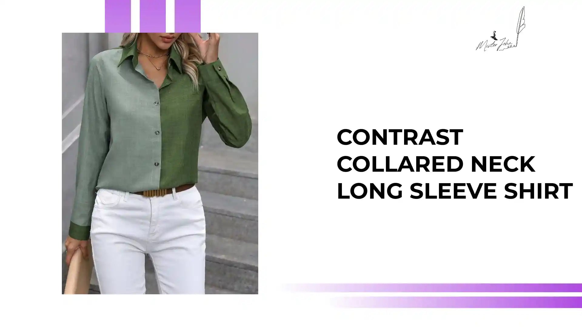 Contrast Collared Neck Long Sleeve Shirt by@Outfy