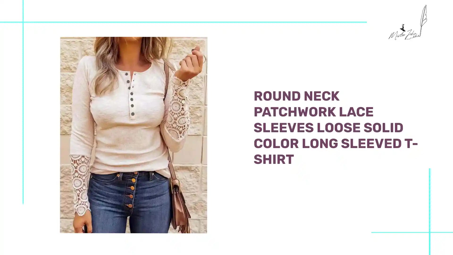 Round neck patchwork lace sleeves loose solid color long sleeved T-shirt by@Outfy