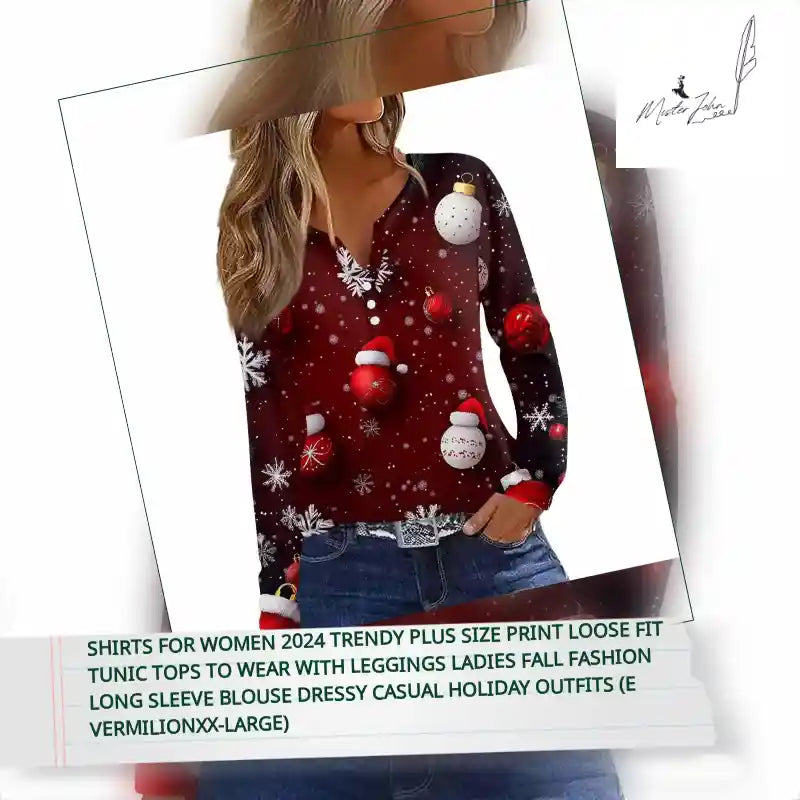 Shirts for Women 2024 Trendy Plus Size Print Loose Fit Tunic Tops to Wear with Leggings Ladies Fall Fashion Long Sleeve Blouse Dressy Casual Holiday Outfits (E VermilionXX-Large) by@Outfy