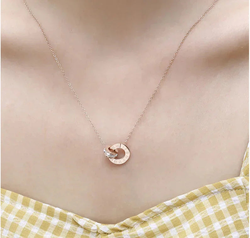 18K Rose Gold Titanium Steel Diamond Ring Necklace ZENDROP