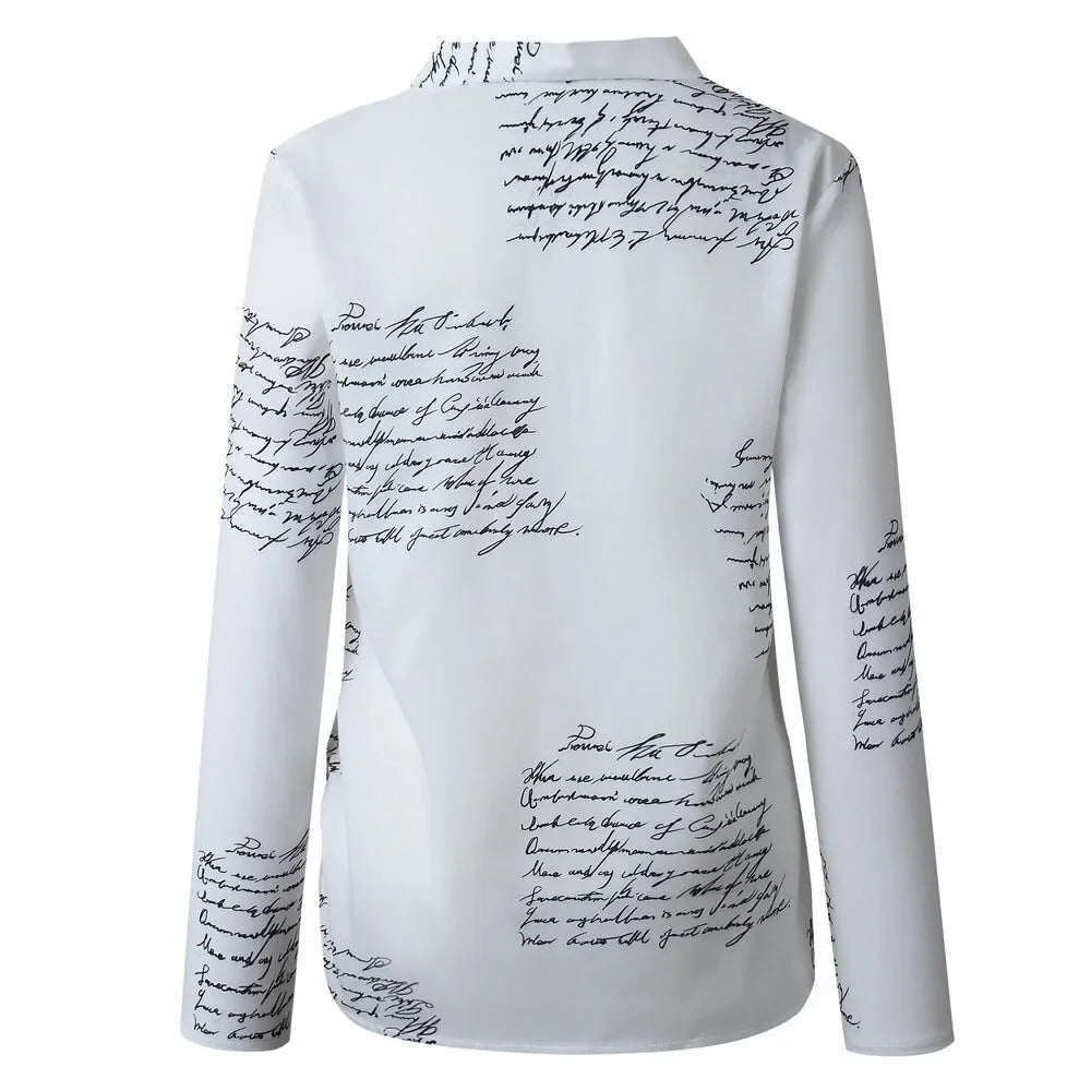 Printed V-neck button blouse, women's white long sleeve fashion top, plus size, with letter print detailing.