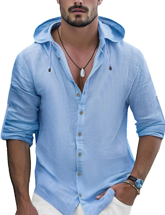 OYOZONE Pure Linen Shirts for Men Long Sleeve Mens Linen Button Down Shirts Hemp Shirts for Men Light Blue ZENDROP