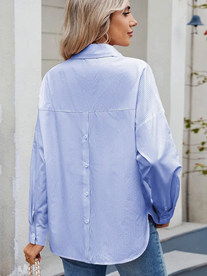 Casual loose one row button long sleeved striped shirt top trendy