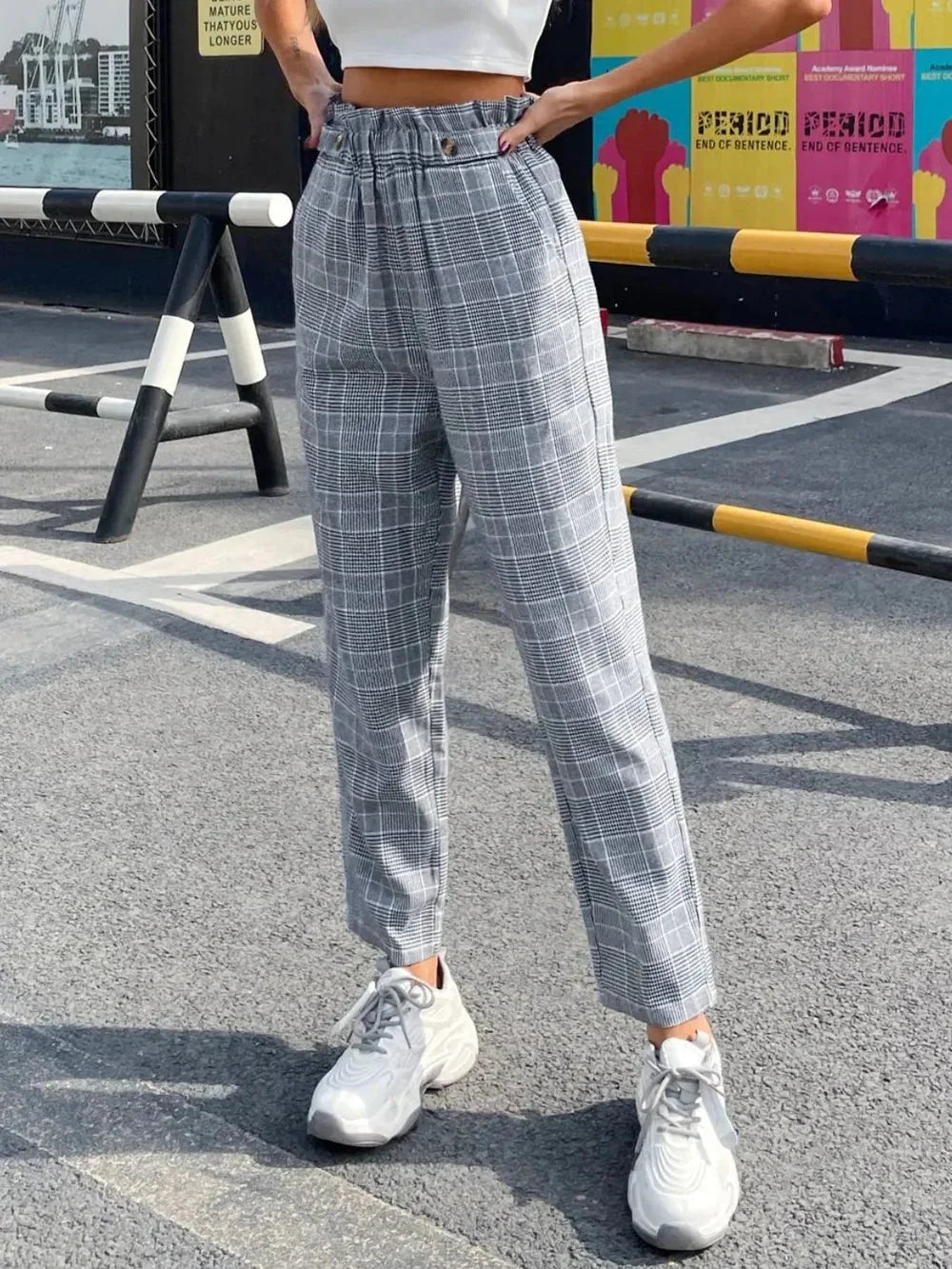 Fashionable temperament high waisted plaid straight leg pants eprolo