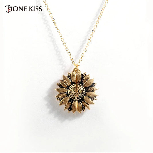 Vintage Sunflower Locket  Pendant Necklace Bohemia female Gold Silver Open Engrave letter Necklaces Lover Gift eprolo