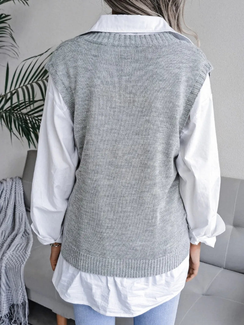 Hollow out Fried Dough Twists V-neck knitted vest sweater