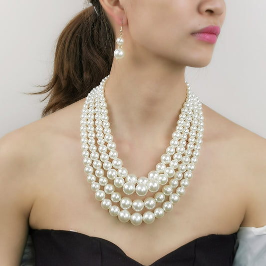 Layered Imitation Pearl Necklaces Sets For Women Handmade Beaded Chain Necklace Earrings Fashion Jewelry Set Charm Accesories