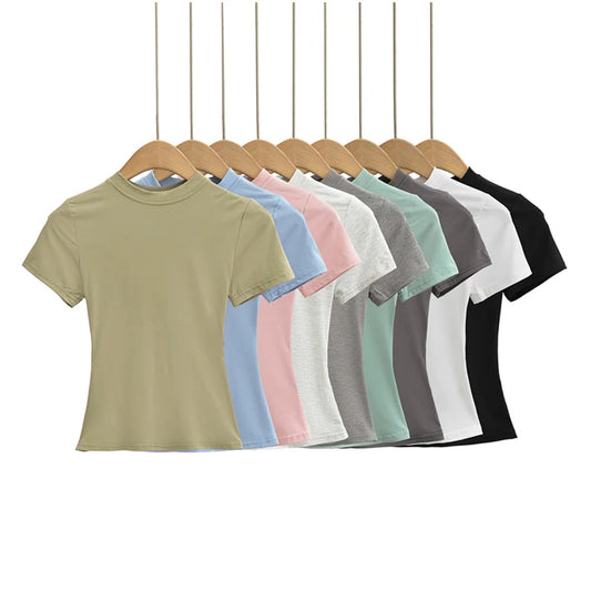 New High Quality Casual T shirt Slim Short Sleeves Fashion Trend Solid Women Clothing Tops
