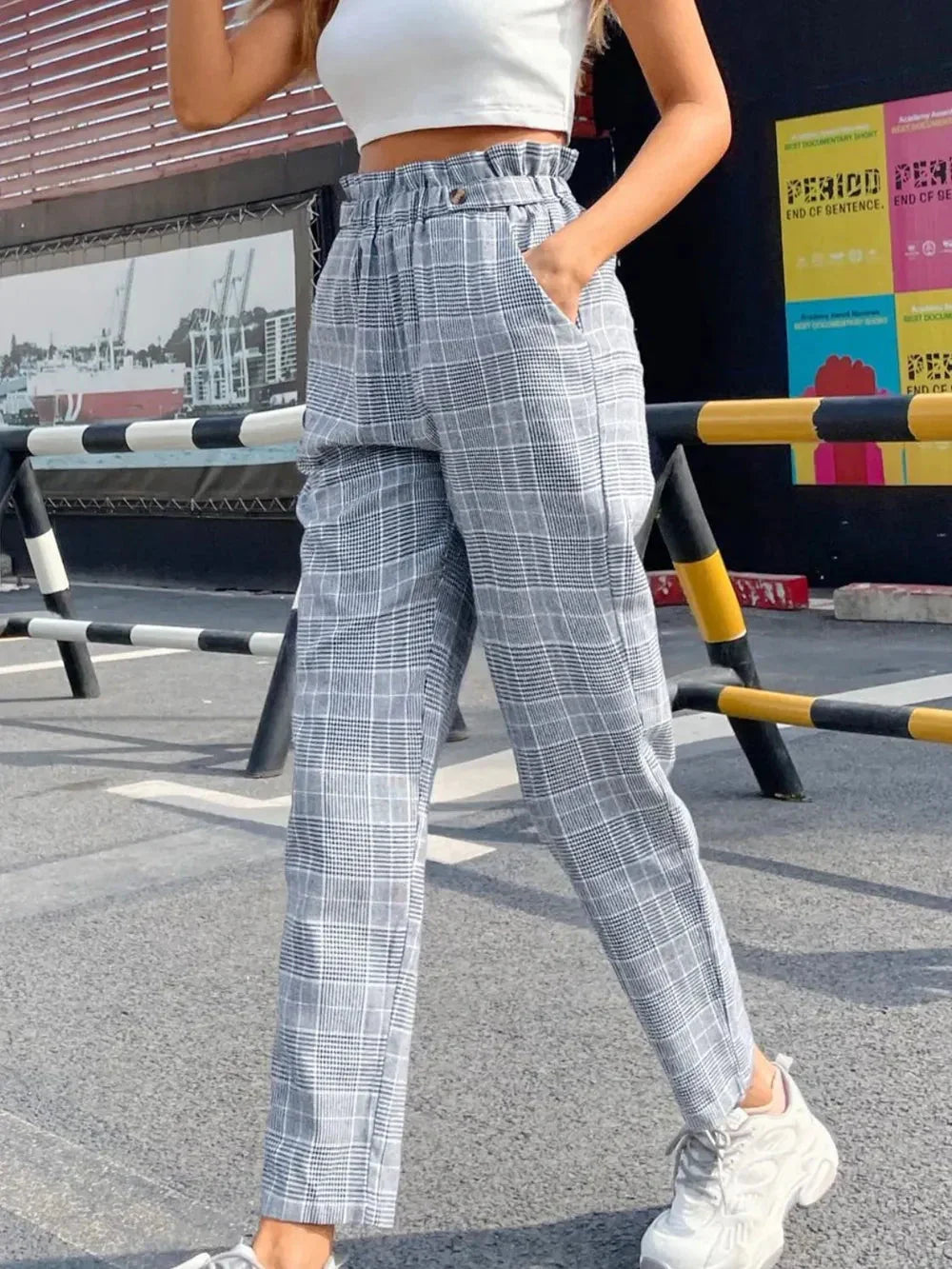 Fashionable temperament high waisted plaid straight leg pants eprolo