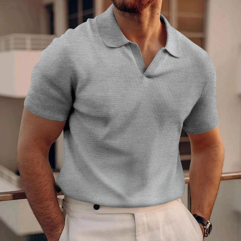 Men's summer lapel t-shirt men's heavy waffle oversize solid color casual short sleeve
