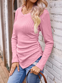 Long sleeved irregular slim fit V-neck solid color knitted women's T-shirt