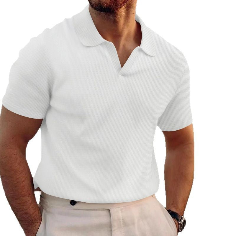 Men's summer lapel t-shirt men's heavy waffle oversize solid color casual short sleeve