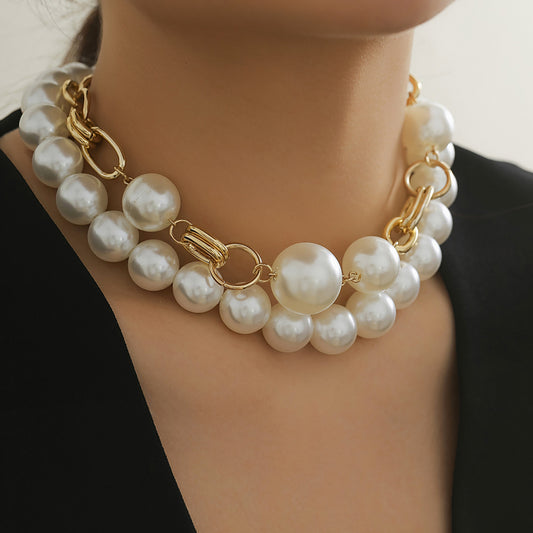 Creative. style round bead double layered necklace necklaces with exaggerated metal chains