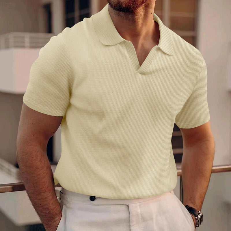 Men's summer lapel t-shirt men's heavy waffle oversize solid color casual short sleeve