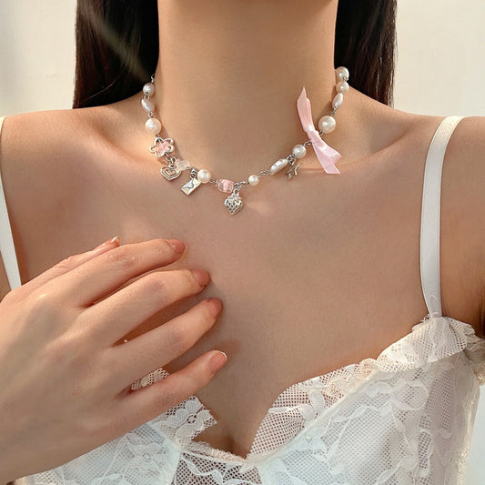 Sunflower frosted wax thread collarbone chain small fresh alloy pearl set necklace eprolo