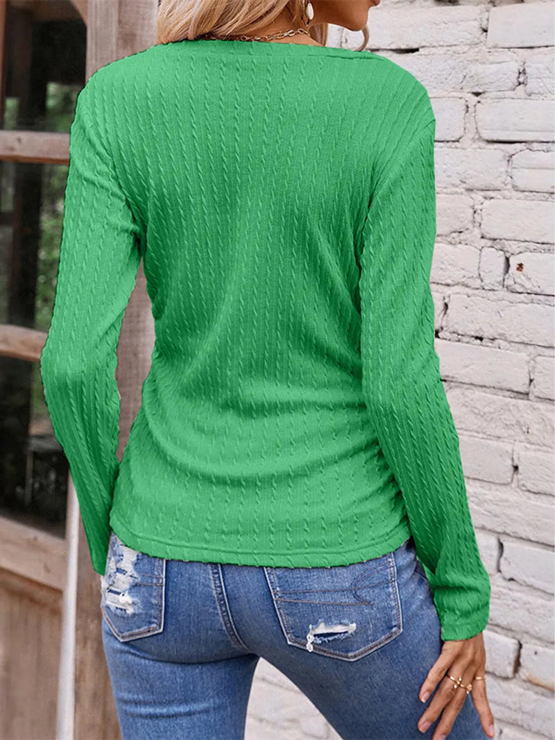 Long sleeved irregular slim fit V-neck solid color knitted women's T-shirt