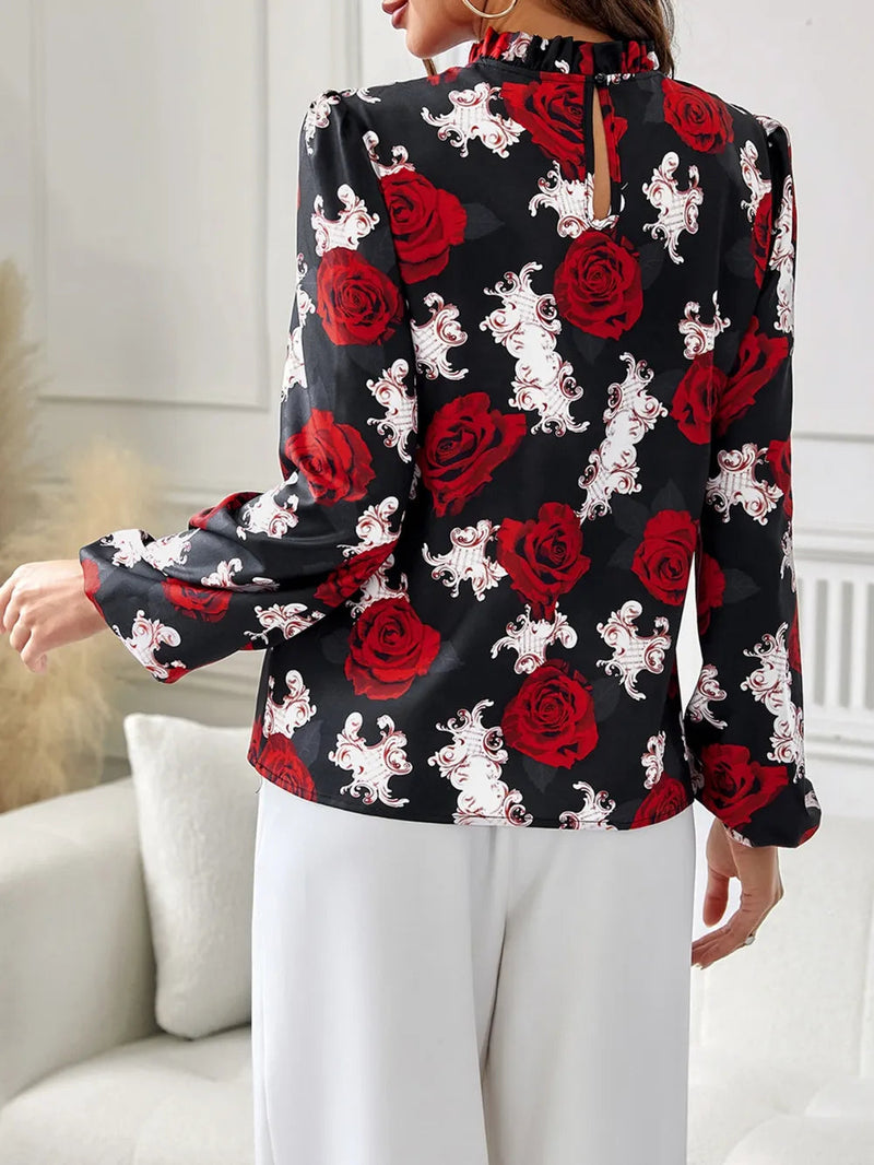New women's rose printed ruffle collar shirt