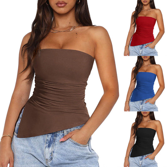 Summer hot girl pleated slit irregular strapless  top