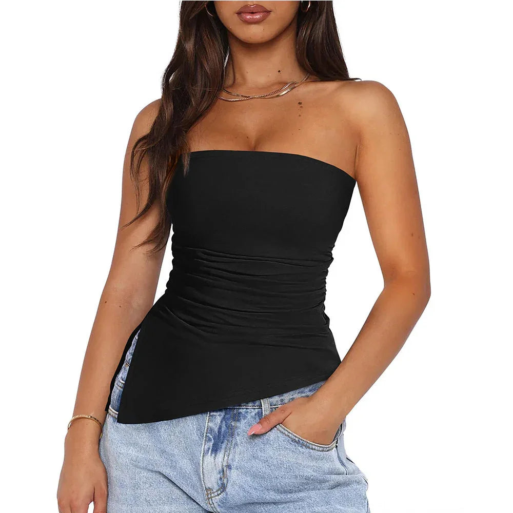 Summer hot girl pleated slit irregular strapless  top eprolo