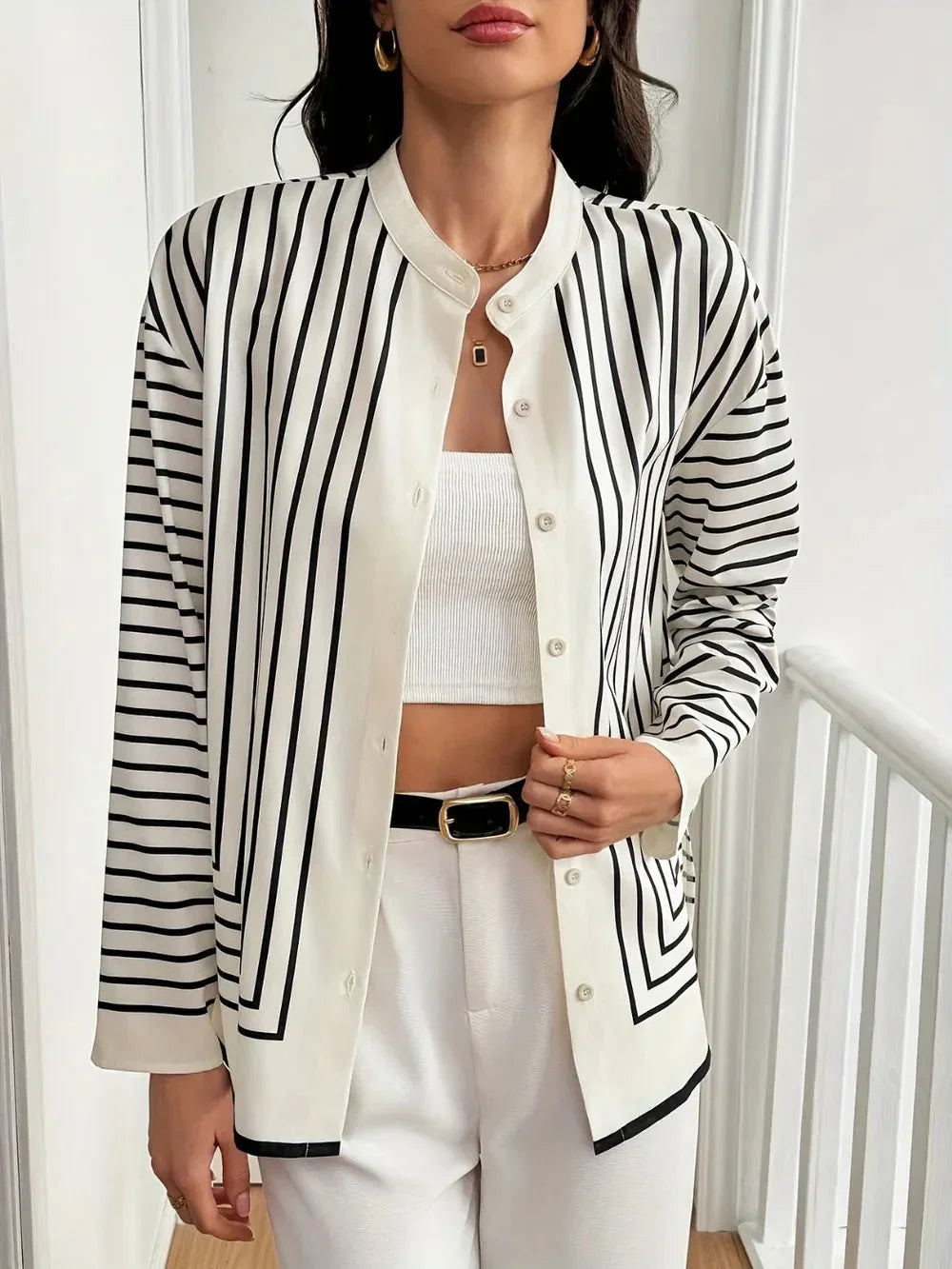 Striped Mock Neck Long Sleeve Shirt eprolo