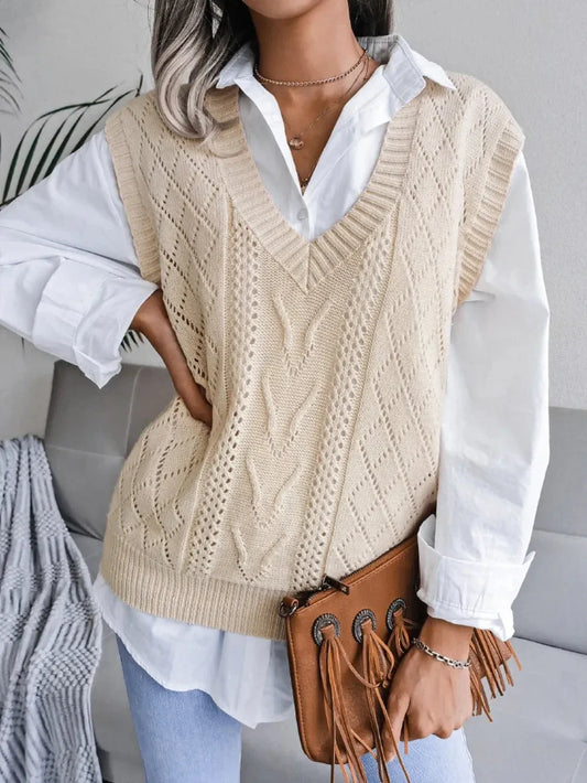 Hollow out Fried Dough Twists V-neck knitted vest sweater eprolo