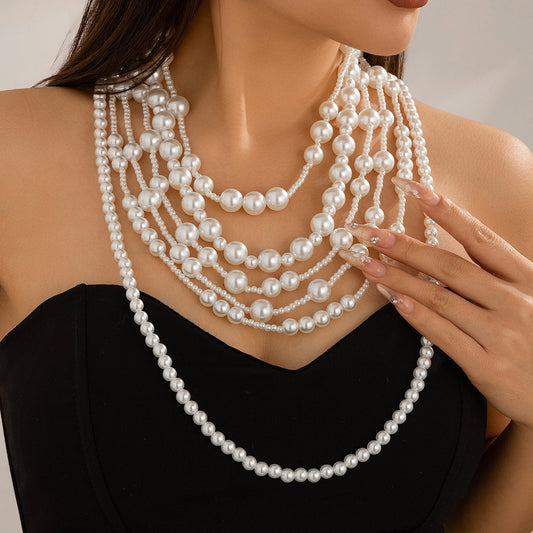 multi-layer imitation pearl necklace women's dress fashionable bride's small fragrance bead necklaces set