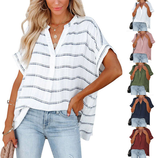 Women's Short Sleeve Thin V-neck Pullover Loose Shirt